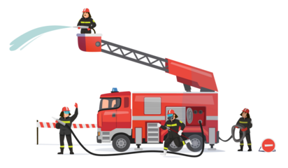  Fire truck at the scene as firemen work to extinguish the fire. Emergency response in action. Firefighters team isolated on white background. Vector illustration