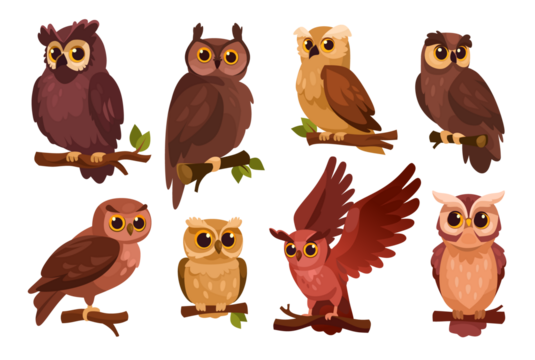 Set of cartoon owls in flat design. Collection of various owl species. Stylized forest birds perched on branches, including owls and eagle-owls, isolated on a white background. Vector illustration. - Powered by Adobe