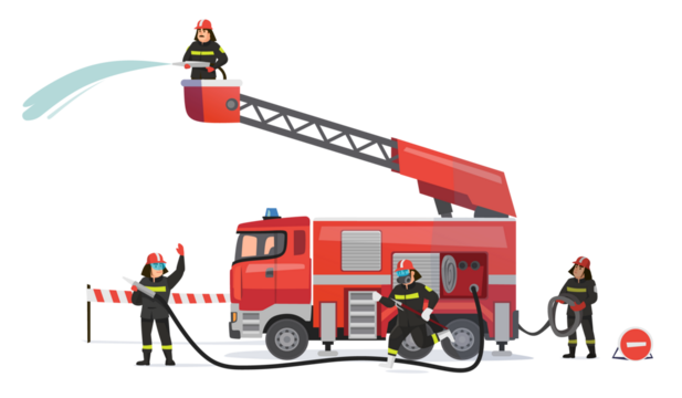  Fire truck at the scene as firemen work to extinguish the fire. Emergency response in action. Firefighters team isolated on white background. Vector illustration
