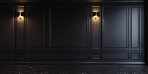 Elegant matte black wall with a touch of high-gloss detailing, soft light casting subtle reflections