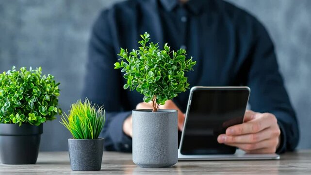 Modern Workspace with Decorative Plants and Tablet, Stylish Office Vibes, Indoor Greenery for Productivity and Relaxation, Co-working Space Design Inspiration