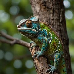 Fototapeta premium Colorful Chameleon Blending into Nature with Stunning Camouflage