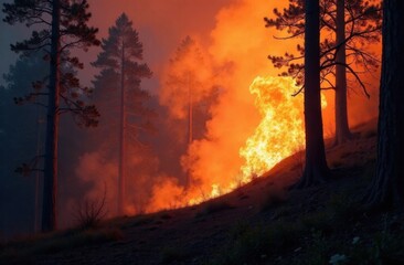Fototapeta premium A forest fire with intense flames engulfing the landscape. Burning forest, smoke from a fire. The forest is ablaze. Natural disaster, disaster. A mountainside with burning trees.