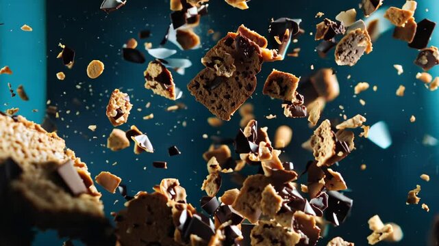 A stunning close-up of a chocolate chip cookie as it breaks apart, showcasing chocolate chunks and crumbs flying in the air, creating a dynamic visual.