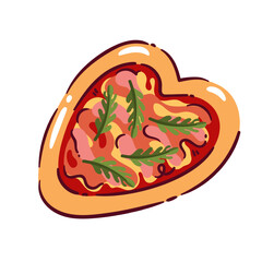 Whole cartoon pizza of heart shape. Funny pizza with slices of ham, tomato sauce, cheese and fresh green arugula. Fast food party mascot, cartoon cute gourmet appetizer with love vector illustration