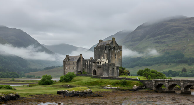 a Scottish castle in the Highlands misty mountains historical architecture European history travel