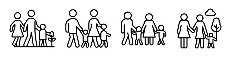 family walking in park icon, family walking in park line art - simple line art of family walking in park, perfect for family walking in park logos and icons