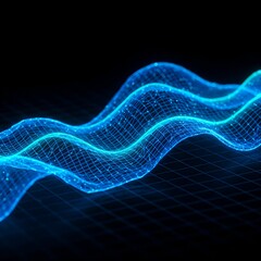 Fototapeta premium Glowing Digital Grid with Pulsating Wave Energy. Realistic abstract background featuring a neon-lit digital grid with pulsating waves of blue and teal energy