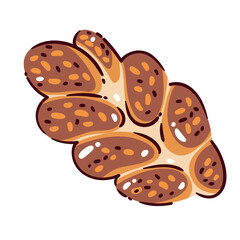 Braided Challah with sesame. Traditional baked bread with braids and seeds for Jewish Sabbath Day, top view. Bakery, family food mascot, tasty Challah cartoon vector illustration