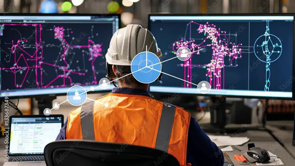 Poster Engineer Working on Computer with Dual Monitors Displaying Technical Drawings and Schematics in Modern Workspace