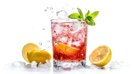 A glass of red drink with a lemon slice and a sprig of mint