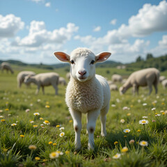 Fototapeta premium Shot of the lamb in a beautiful and big farm with big ones in the background