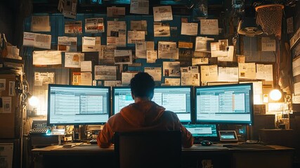 Intense Focus: Back View of Programmer Coding on Multiple Monitors in Cluttered Office - Powered by Adobe