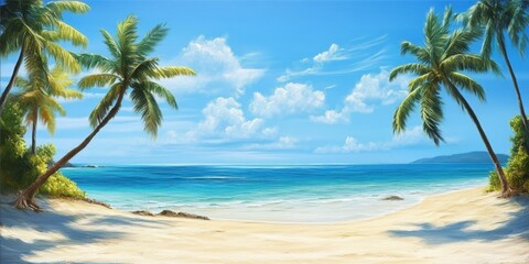 Paradise Shore: A breathtaking coastal scene unfolds, showcasing a pristine beach with gentle waves meeting the shore, framed by lush palm trees under a vibrant, cloud-speckled blue sky.