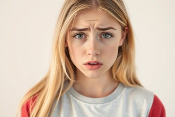 Emotional Portrait of Concerned Young Woman with Long Blonde Hair