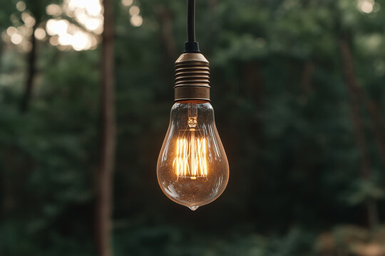 A close-up of a vintage Edison-style filament light bulb suspended in mid-air, softly glowing against a dark, moody background - Powered by Adobe