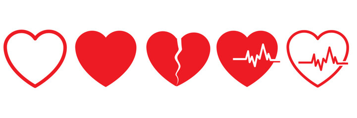 Set of hearts. Heartbeat. Broken heart. set of hearts in red, black, pink and green colour in white background. heart icons set. broken hearts and heartbeat.