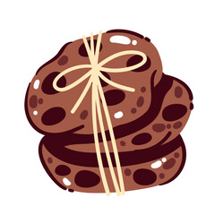 Stack of chocolate chip cookies. Sweet biscuits pile with rope bow. Bakery, dessert, calorie mascot, stacked tasty shortbread cookies for coffee or tea cartoon vector illustration