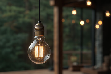 Obraz premium A close-up of a vintage Edison-style filament light bulb suspended in mid-air, softly glowing against a dark, moody background