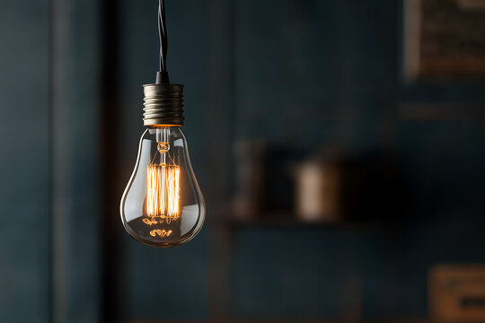 A close-up of a vintage Edison-style filament light bulb suspended in mid-air, softly glowing against a dark, moody background