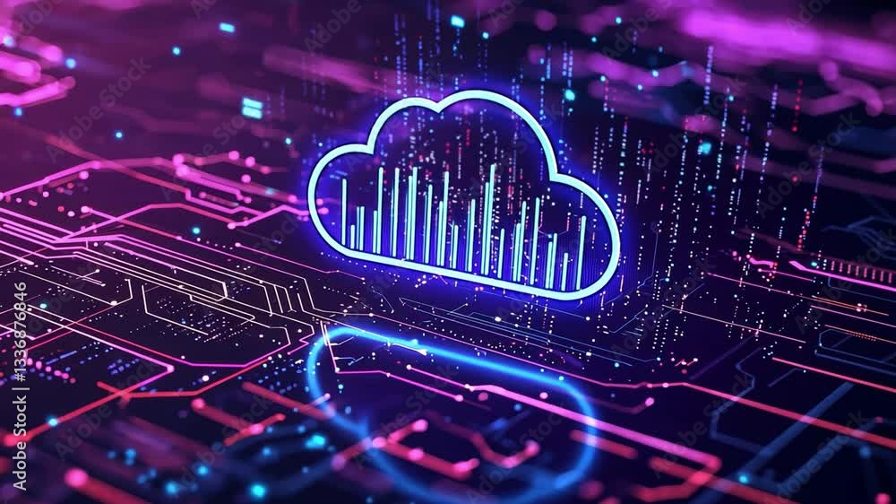 Poster futuristic digital abstract background showcasing cloud technology with neon lights, data streams, a