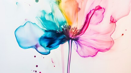 Fototapeta premium Abstract Watercolor Flower Splash – Vibrant Artistic Floral Painting with Colorful Ink Drops on White Background, Modern Expressive Art, Delicate Bloom in Purple, Pink, Blue, and Gold Tones 