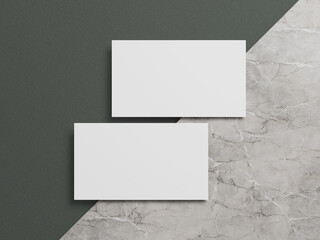 Professional business card mockup showing clean white cards with a sleek marble and dark green backdrop.
