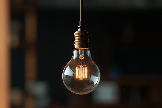 A close-up of a vintage Edison-style filament light bulb suspended in mid-air, softly glowing against a dark, moody background