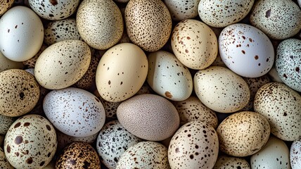 Obraz premium A cheerful Easter background with colorful pastel eggs and spring flowers on a bright, rustic wood surface. A festive flat lay composition for holiday greetings and celebrations.