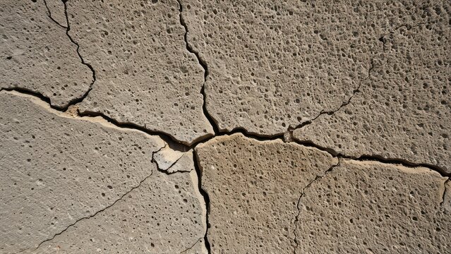 Cracked concrete surface showing weathered texture and structural damage. Ideal for renovation projects.