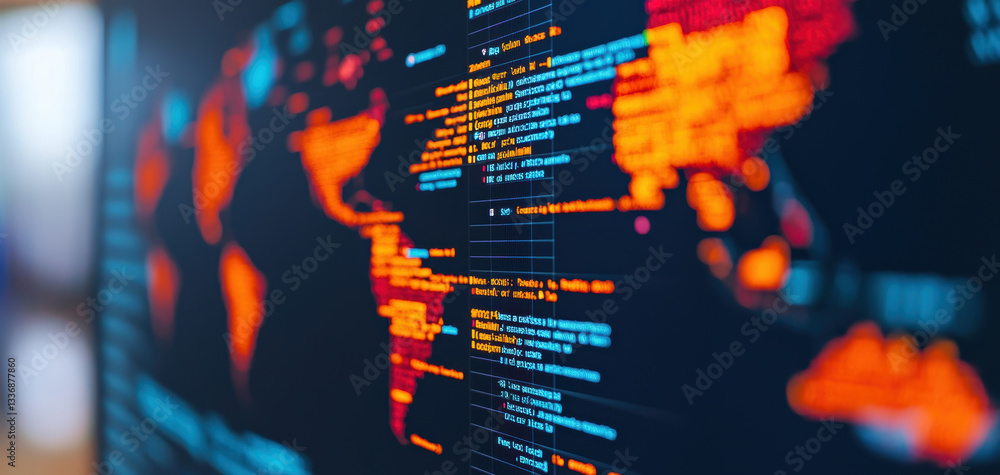 Poster digital world map displaying data and information, highlighting various regions with vibrant colors.