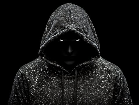 A mysterious figure wearing a hooded sweatshirt against a black background - Powered by Adobe