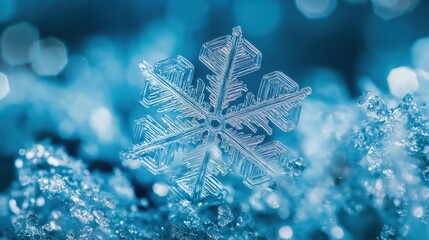 A close-up, high-resolution image of intricate, translucent snowflake crystals, with a focus on the detailed