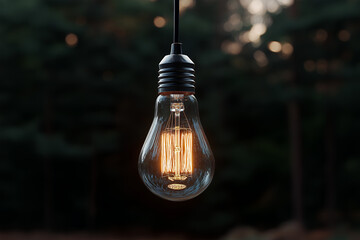 A close-up of a vintage Edison-style filament light bulb suspended in mid-air, softly glowing against a dark, moody background