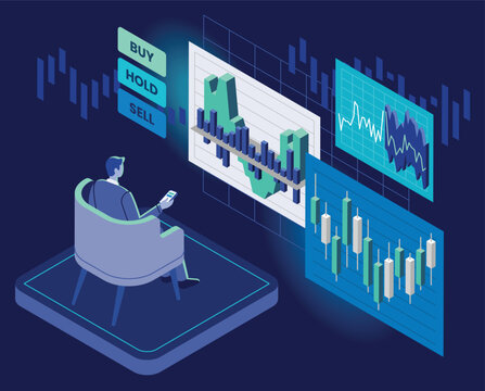 Design concept of stock exchange and trader in action. Financial market business with graph chart analysis. Isometric vector illustrations.