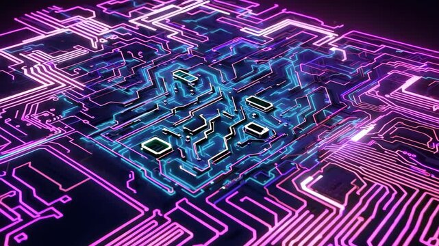 Vibrant and colorful abstract circuit board design featuring neon light effects. This digital artwork evokes a sense of modern technology and innovation.