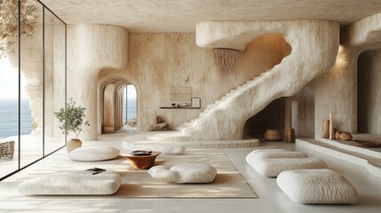 Coastal cave home interior with ocean view, seating area, and staircase
