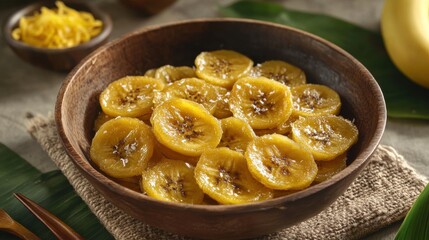 Fried Banana Slices with Coconut Batter in a Bowl Served with Tropical Fruits, Perfectly Cooked to Golden Perfection for a Delicious Dessert Experience