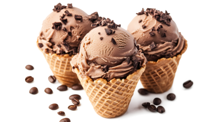 Three ice cream cones with chocolate ice cream and chocolate sprinkles