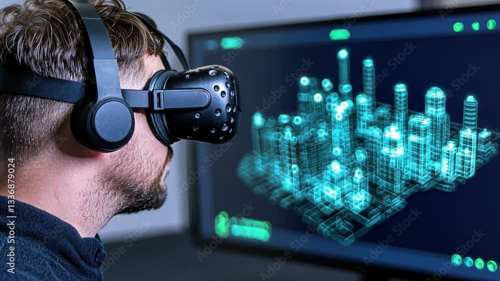 Poster man engaged in virtual reality experience with headset and display of 3d cityscape visualization in 