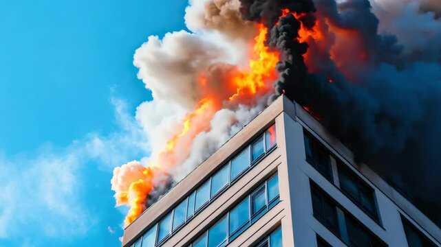A dramatic scene depicts smoke and flames billowing from a high-rise building against a bright blue sky, highlighting the urgency and danger of urban fires.