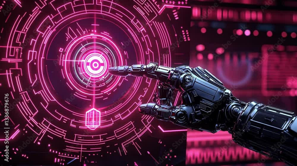Aufkleber futuristic robotic hand reaching towards digital interface with glowing neon lights and vibrant patt