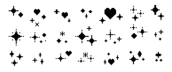 Pixel sparkling stars and hearts in pixel art style. Collection of glittering sparkles in Mood of 90's aesthetics. Y2K 8-bit retro style vector elements.