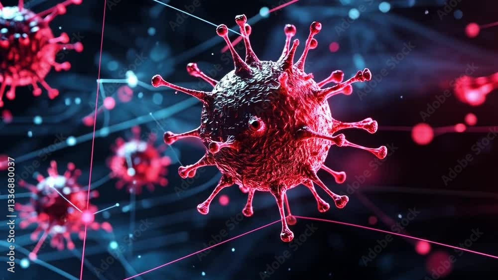 Poster detailed depiction of a virus with intricate structures, glowing particles, and a dark background em