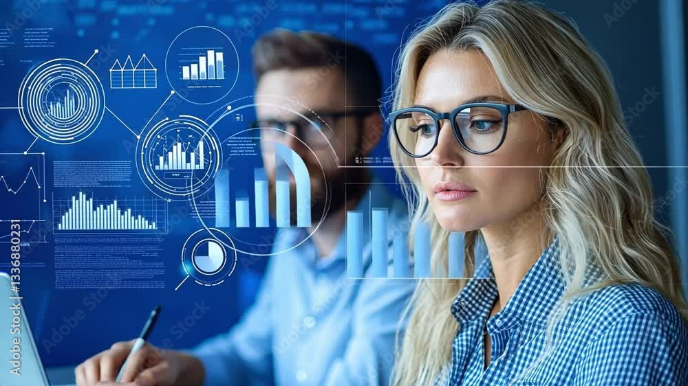 Poster focused business professionals analyzing data visualization on computer screen in modern office sett