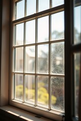 Sunlit Window with Vintage Panes Overlooking Scenic Outdoor Landscape