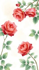 Rahmen aus roten Rosenblüten und grünen Blättern auf weißem Hintergrund. Ideal für romantische Designs, Mujttertag, Hochzeit und Valentinstagskarten