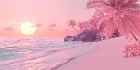 Pink Paradise: The sun gracefully descends, painting the tranquil beach and lush island with a soft palette of pink, offering a serene escape. The image transports you to an imaginary haven.