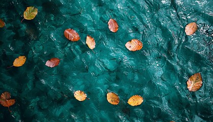 Fallen leaves floating peacefully across the surface of rippling water