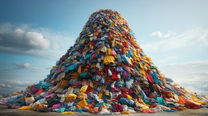 Clothing mountain under cloudy sky symbolizes textile waste